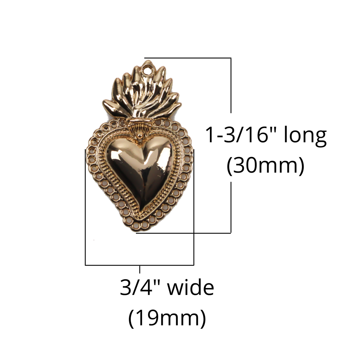Small Sacred Heart Pendant 30mm Mexican Milagro Style - Shiny Light Gold Color