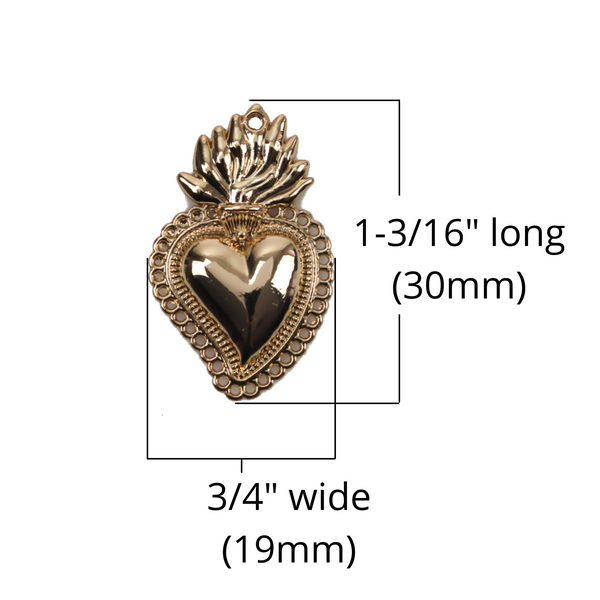 Small Sacred Heart Mexican Milagro Flaming Holy Heart Pendant 30mm - Shiny Light Gold Color
