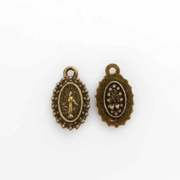 Small bracelet size bronze Miraculous medal charms with a dotted border 15mm long
