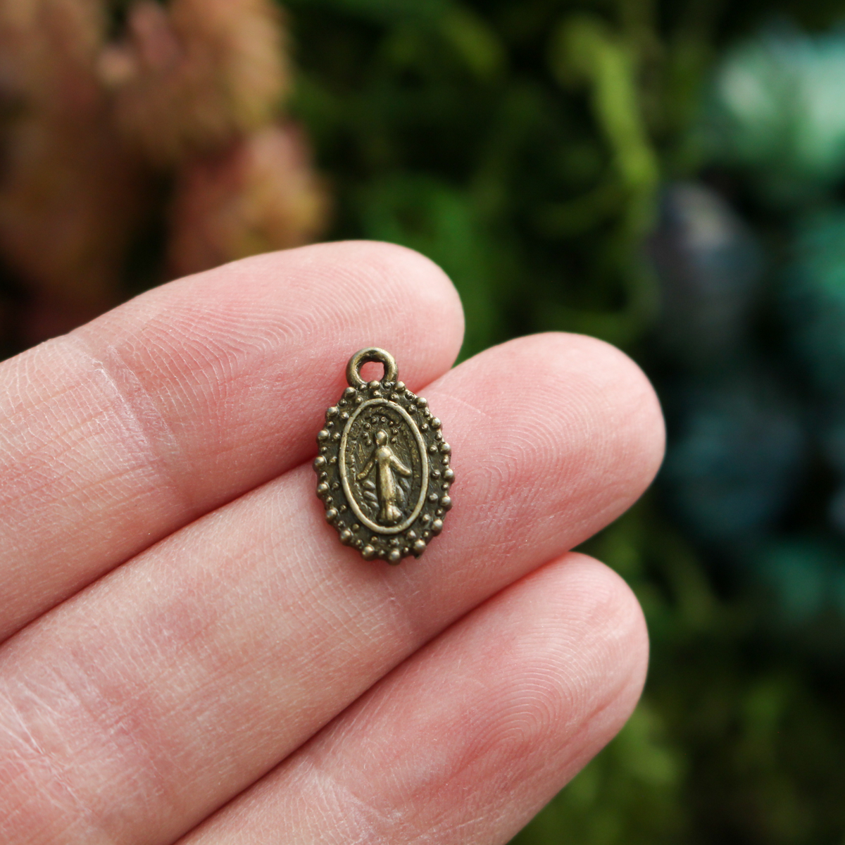 Small bracelet size bronze Miraculous medal charms with a dotted border 15mm long