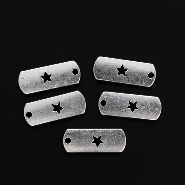 Rectangle antiqued silver-tone charms with an inspirational message of "MIRACLE" with a cut out star shape for the A