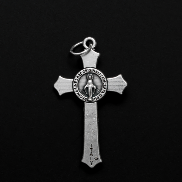 detailed Miraculous Medal crucifix that features flared edges and a detailed Miraculous Medal