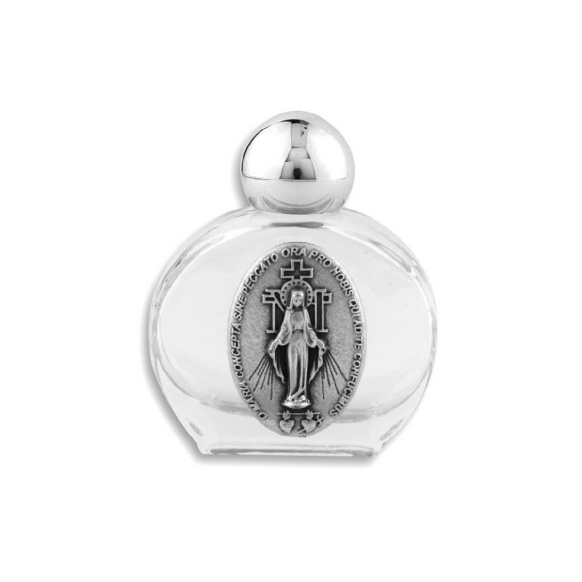 Glass holy water bottle with a metal embossed plaque of The Miraculous Medal on the front. Plastic screw on cap that is a shiny silver tone color.