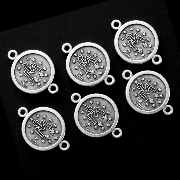 Miraculous Medal Connector Links, Our Father Beads Silver Plated - 6pcs