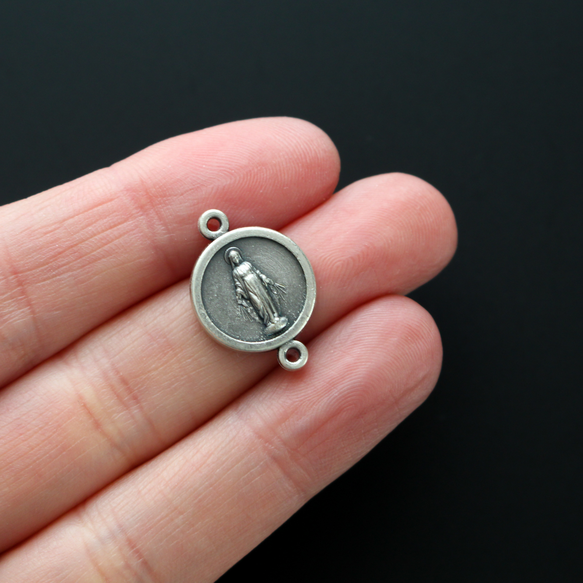 Miraculous Medal Connector Links, Our Father Beads Silver Plated - 6pcs