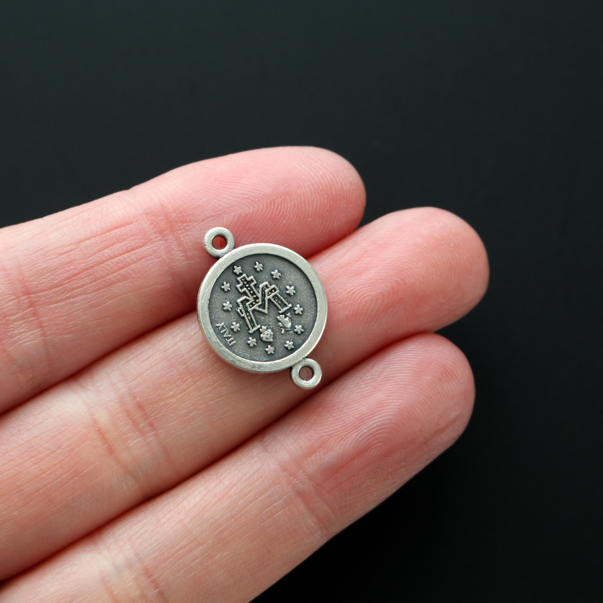 Miraculous Medal Connector Links, Our Father Beads Silver Plated - 6pcs