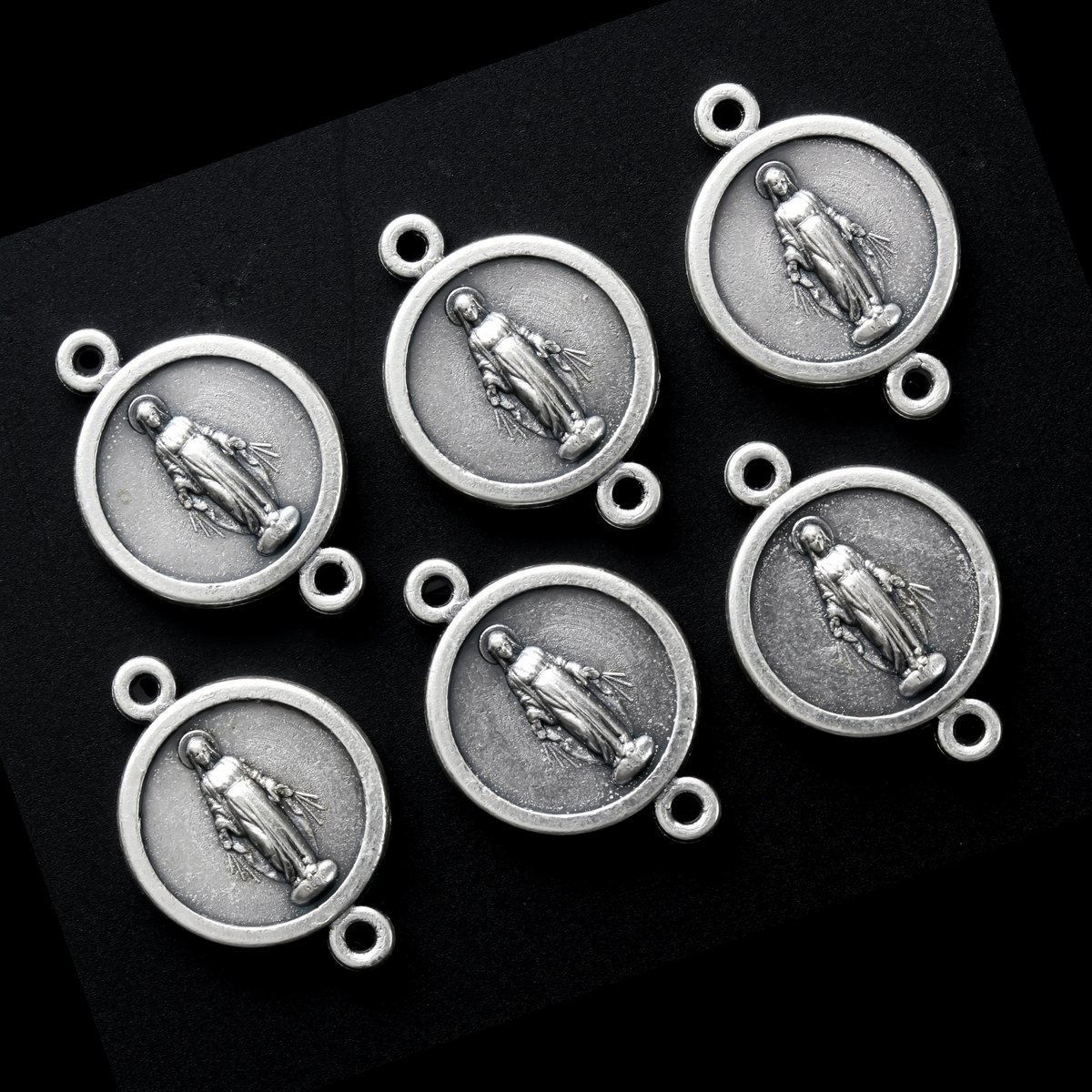 Miraculous Medal connector links that are oxidized silver plated base metal made in Italy