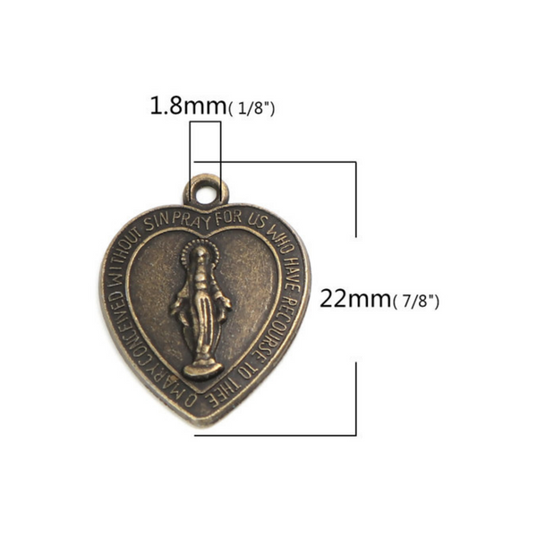 Heart Shaped Miraculous Mary Medal Charms - Antiqued Bronze Color 5pcs