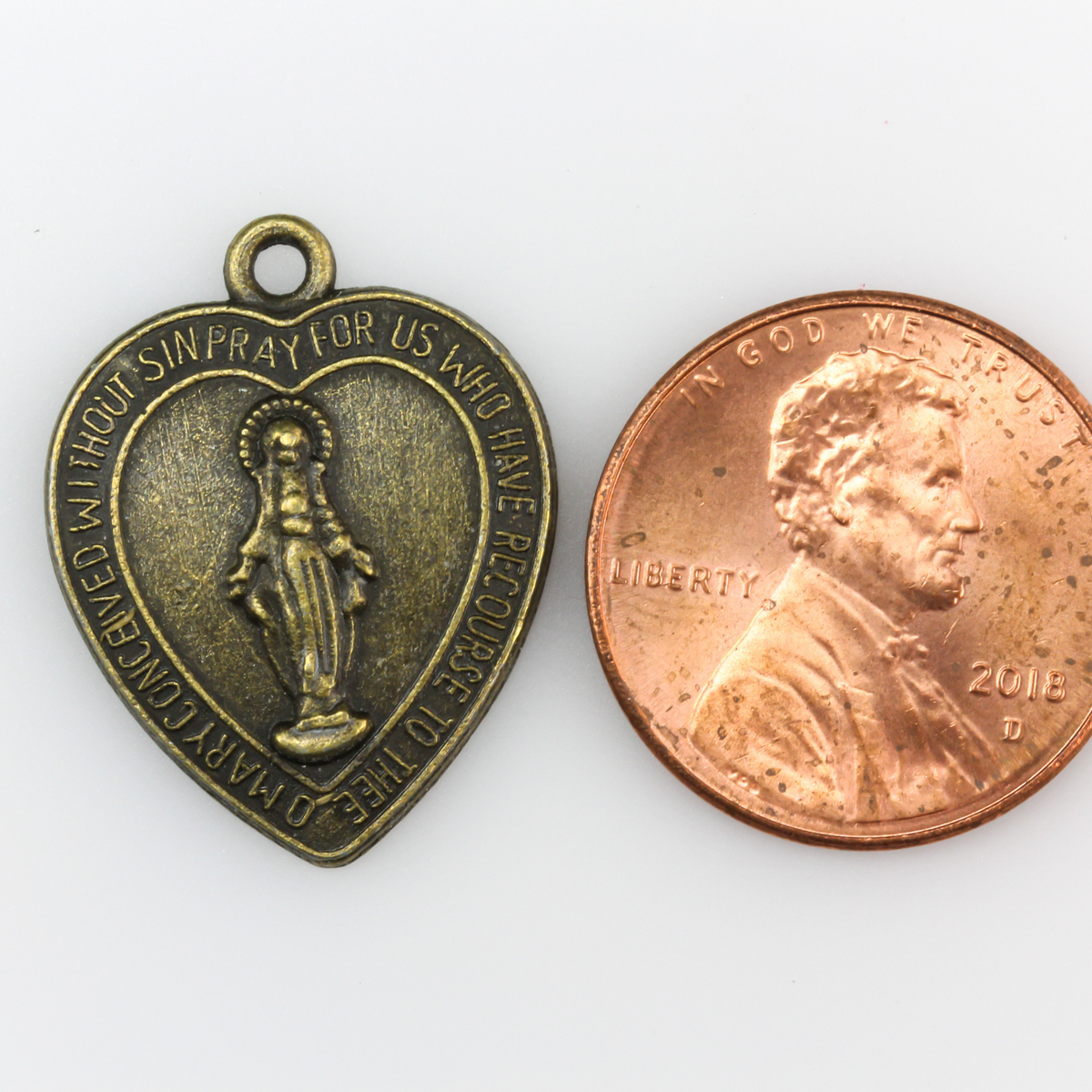 Heart Shaped Miraculous Mary Medal Charms - Antiqued Bronze Color 5pcs