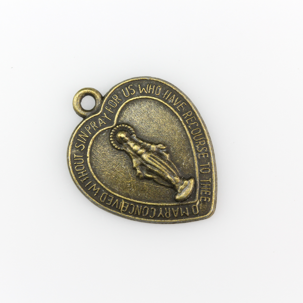 miraculous mary heart shaped charm in antiqued bronze color