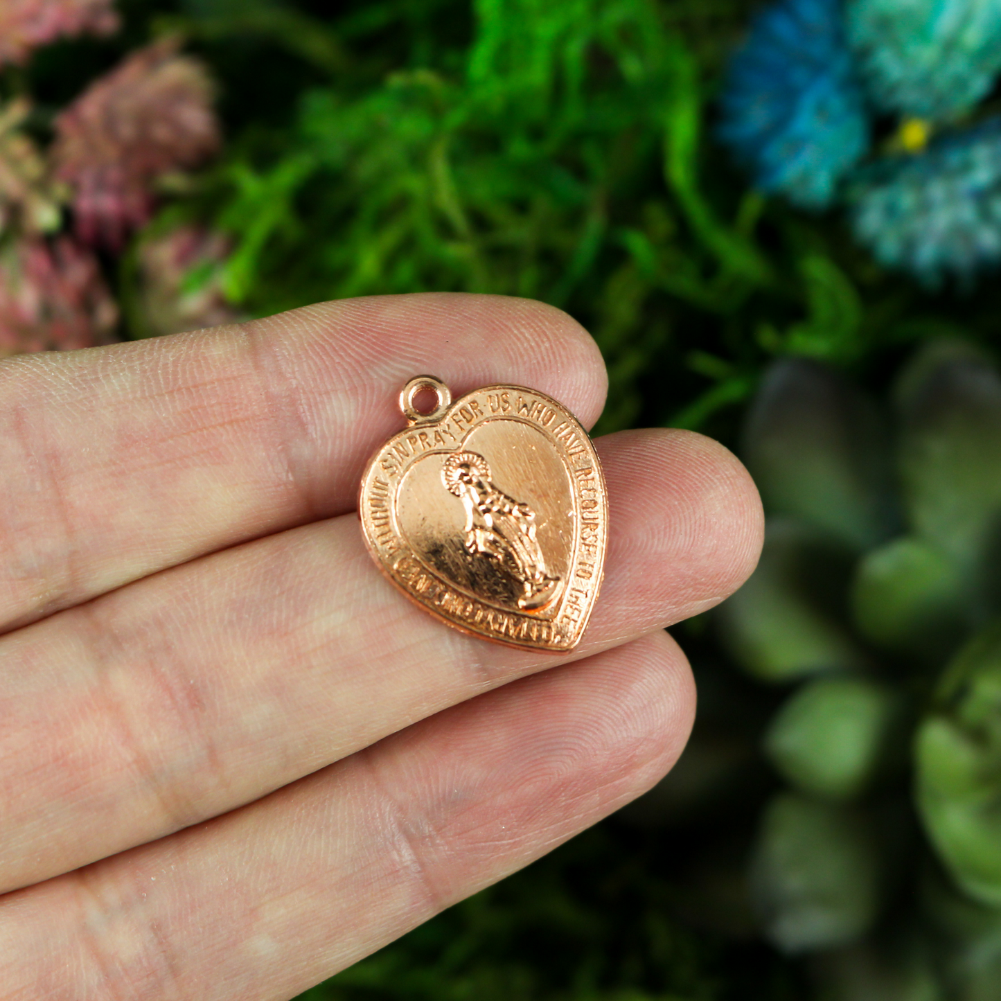 Heart Shaped Miraculous Mary Medal Charms - Rose Gold 5pcs