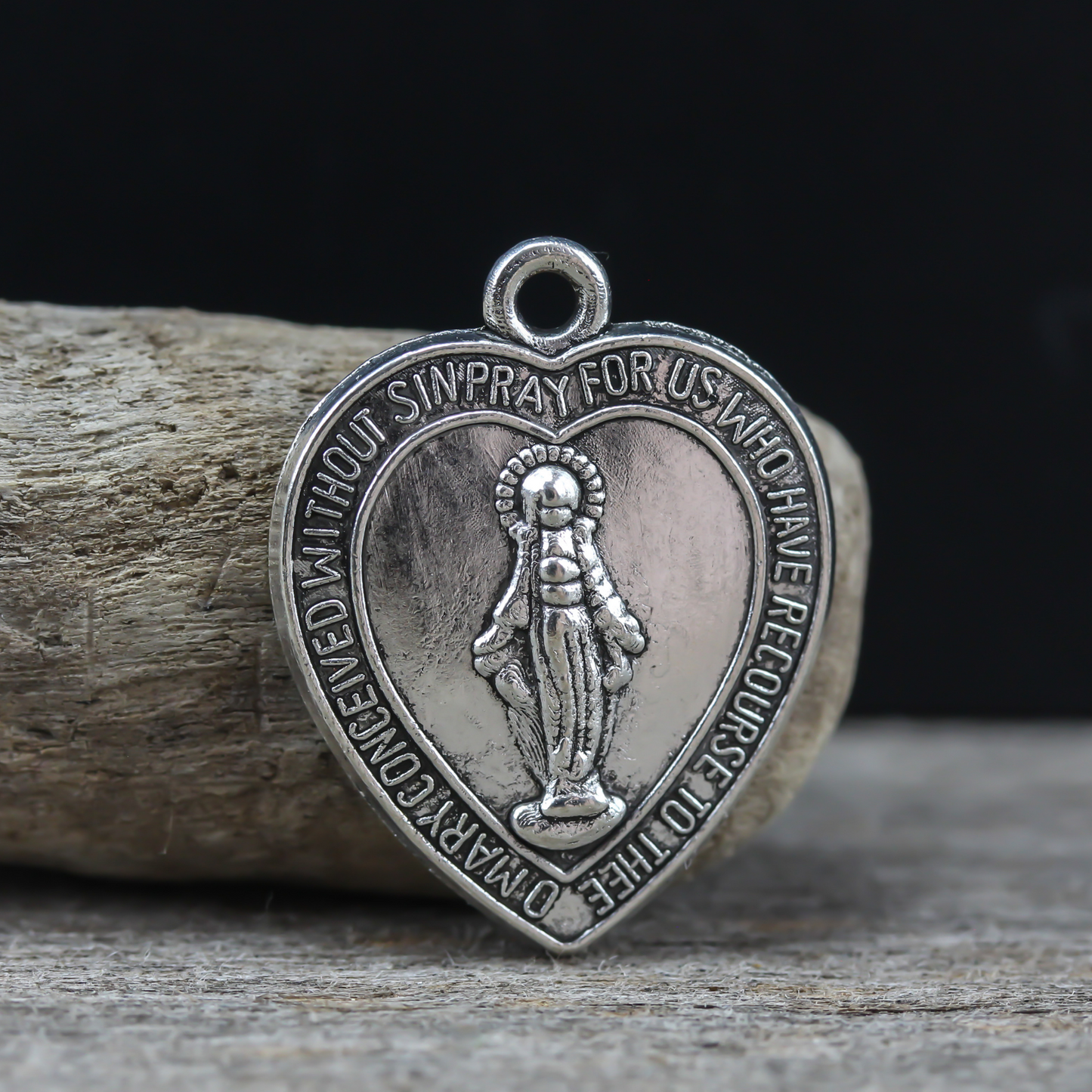 miraculous medal heart shaped charm in silver tone color