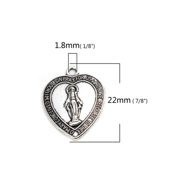 Heart Shaped Miraculous Mary Medal Charms - Antiqued Silver Color 5pcs