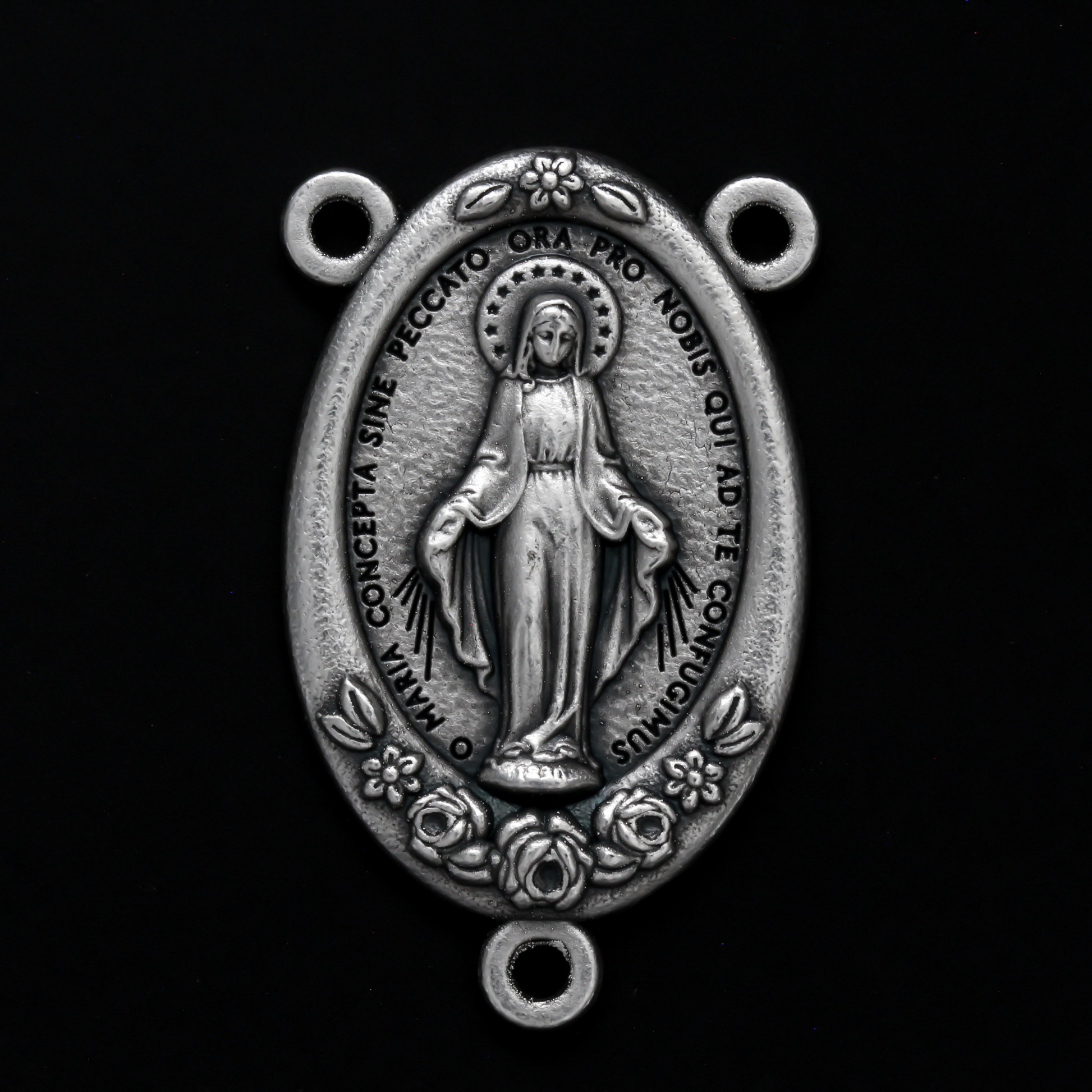 Large Miraculous Mary rosary centerpiece with flower details along the edge