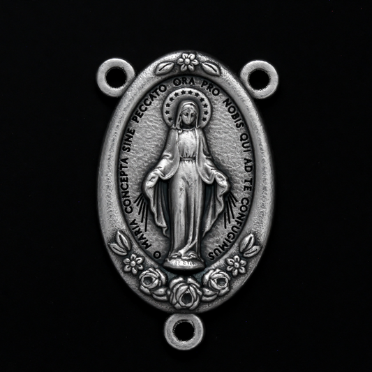 Large Miraculous Mary rosary centerpiece with flower details along the edge