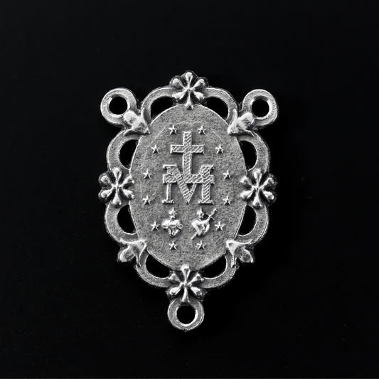 miraculous medal rosary centerpiece with ornate floral border