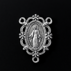 miraculous medal rosary centerpiece with ornate floral border