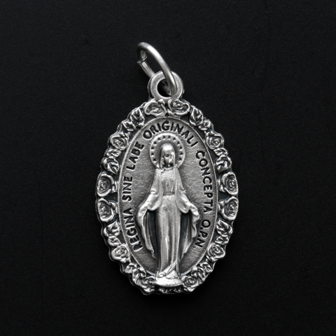 Miraculous Mary medal with a beautiful rose border 1" oval in latin