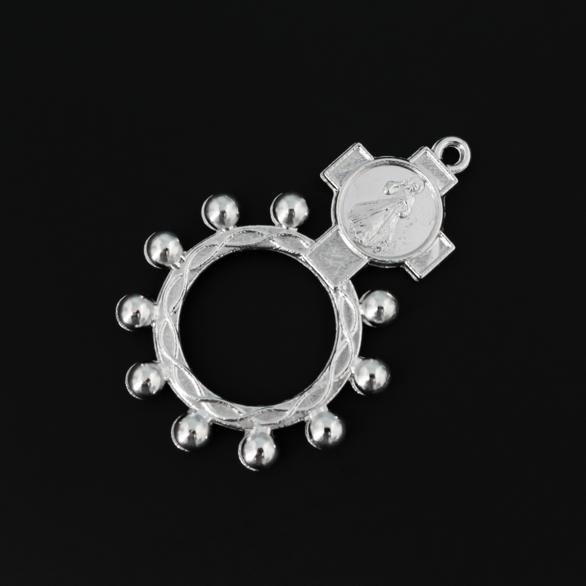One decade rosary that features the Divine Mercy of Jesus in the cross. There is a bail at the top of the cross