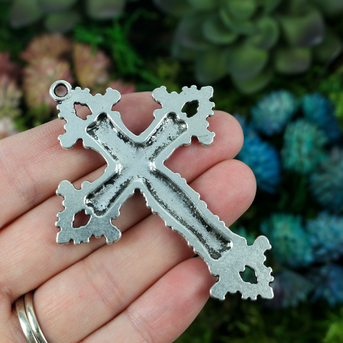 Large Ornate Floral Cross Pendant Victorian Style with Lilies and Fleur de Lis Design - 73mm long