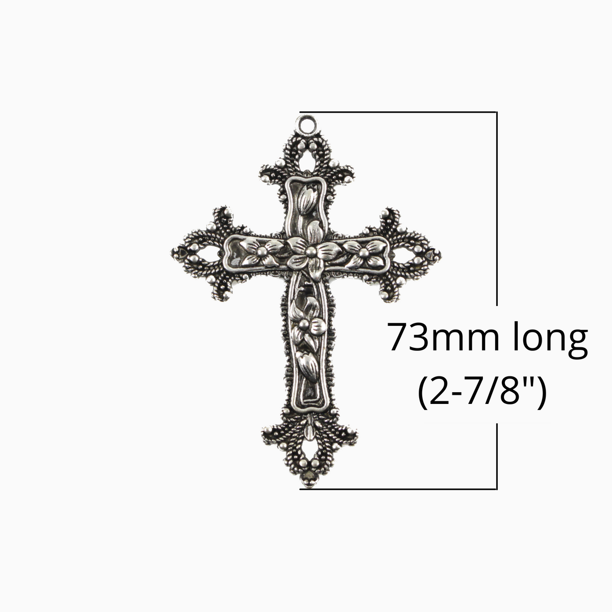 Large Ornate Floral Cross Pendant Victorian Style with Lilies and Fleur de Lis Design - 73mm long