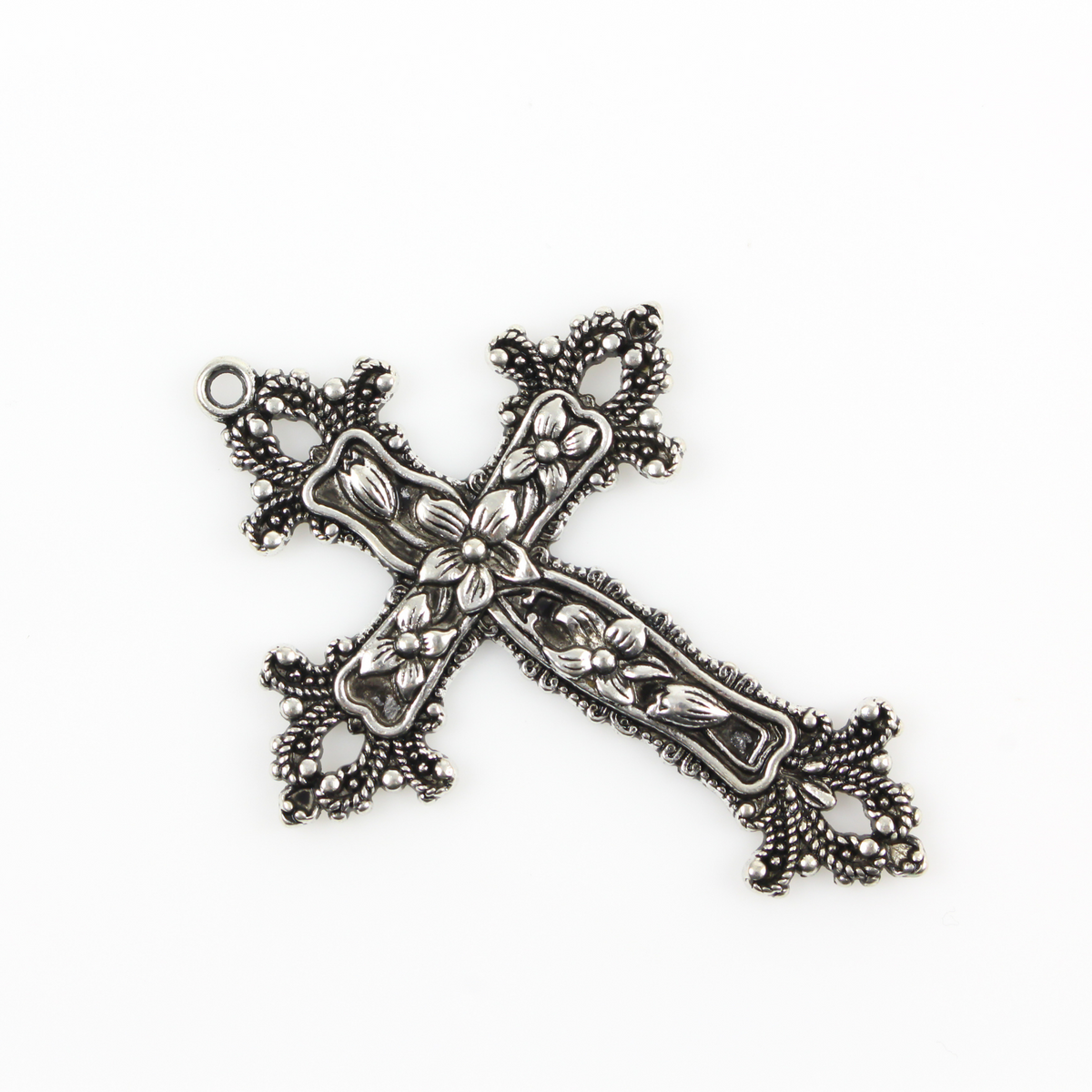 Large Ornate Floral Cross Pendant Victorian Style with Lilies and Fleur de Lis Design - 73mm long