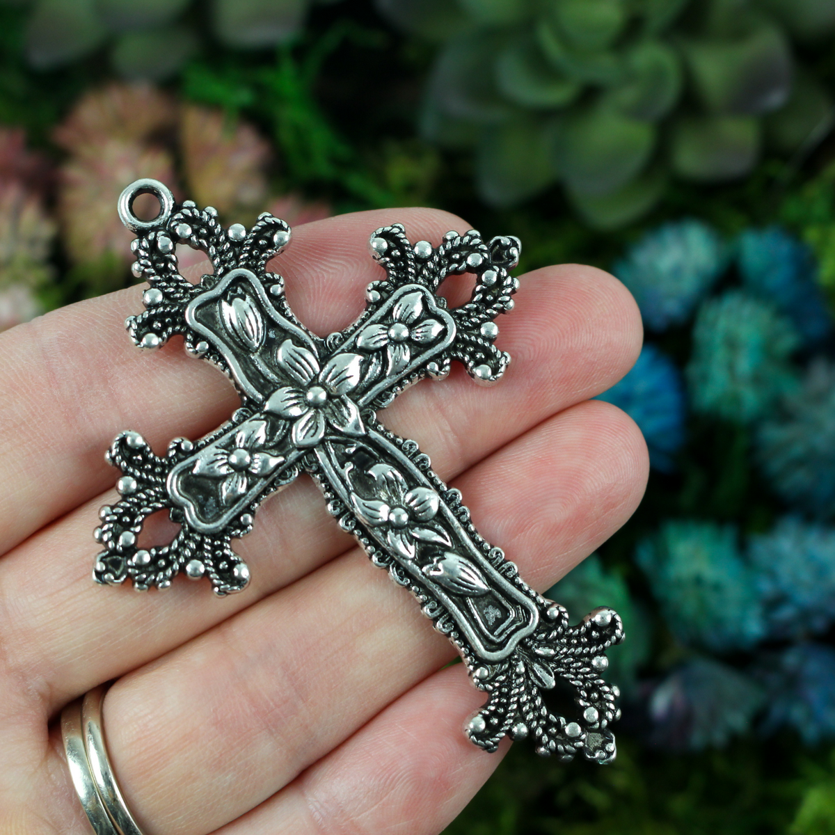 Large Ornate Floral Cross Pendant Victorian Style with Lilies and Fleur de Lis Design - 73mm long