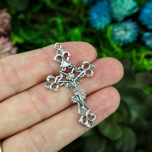 Ornate Jesus Crucifix Crosses - Antique Silver Color 43mm Long - 5pcs