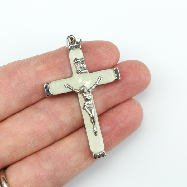 Luminous Pearl Metal Bound Crucifix - Glow in the Dark Rosary Crucifix 2" Long - Made in Italy