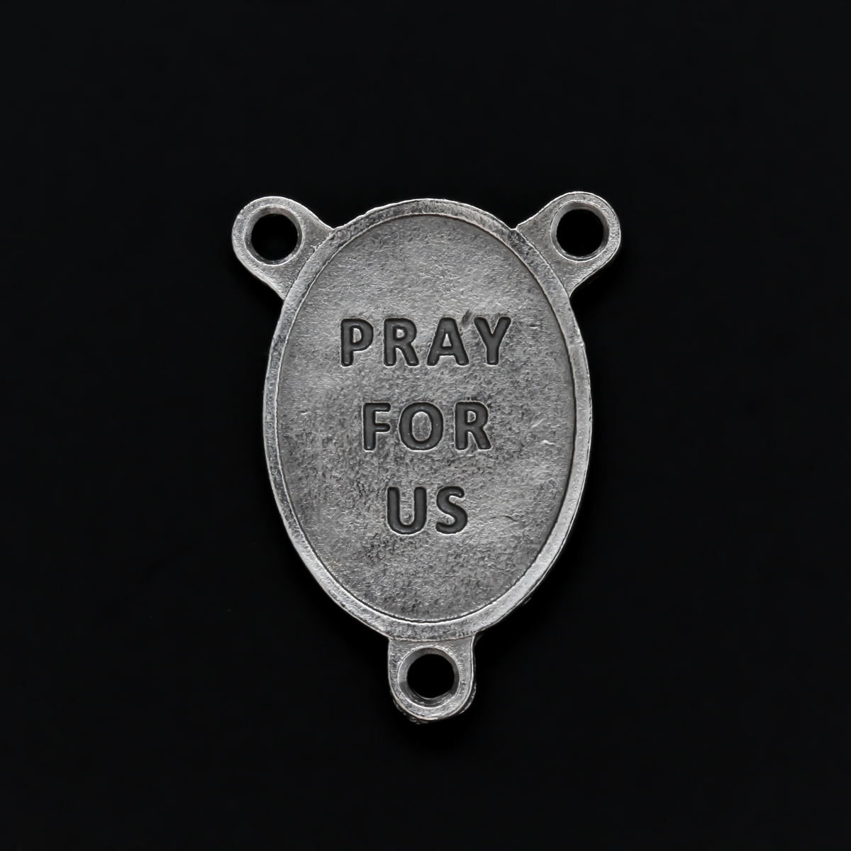 Saint Peregrine rosary centerpiece that depicts the saint on the front and is marked "Pray For Us" on the back
