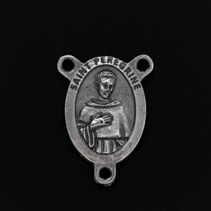 Saint Peregrine rosary centerpiece that depicts the saint on the front and is marked "Pray For Us" on the back