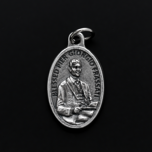 Blessed Pier Giorgio Frassati medal that depicts Pier on the front and "Pray for us" on the backside.