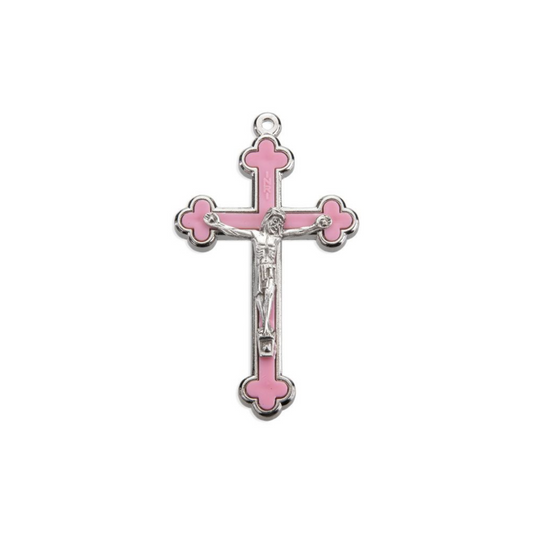Budded pink inlay cloverleaf crucifix with silver corpus and trim, 2.5 inches long