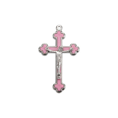 Budded pink inlay cloverleaf crucifix with silver corpus and trim, 2.5 inches long