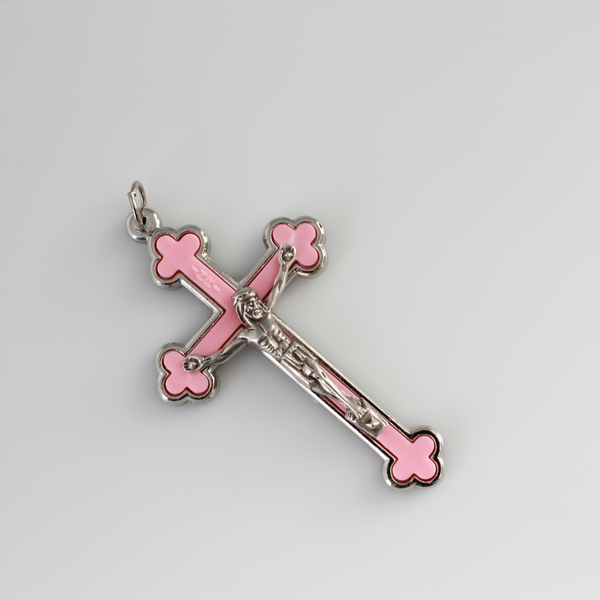 Budded pink inlay cloverleaf crucifix with silver corpus and trim, 2.5 inches long