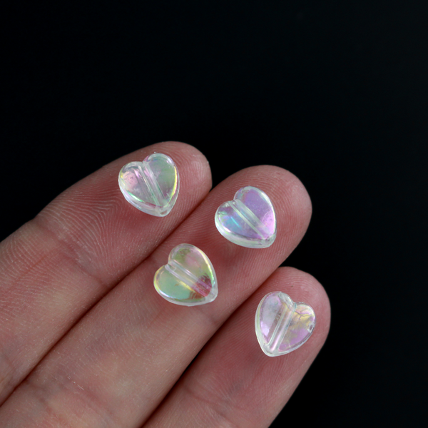 Acrylic AB (aurora borealis) clear transparent beads that are are heart shaped