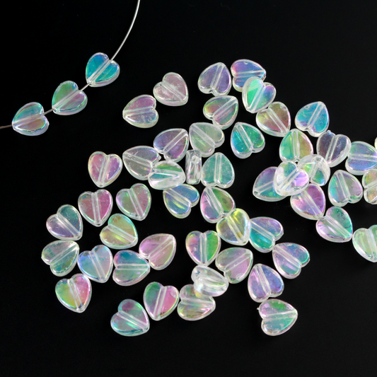 Acrylic AB (aurora borealis) clear transparent beads that are are heart shaped