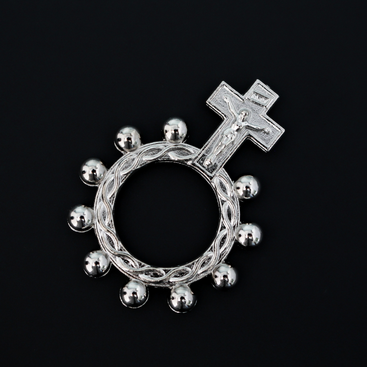 One decade rosary that features a Crucifix Cross at the top, 1 3/4 inches long.