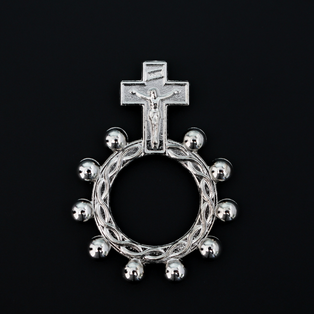 One Decade Pocket Rosary Ring with Crucifix Cross 1-3/4