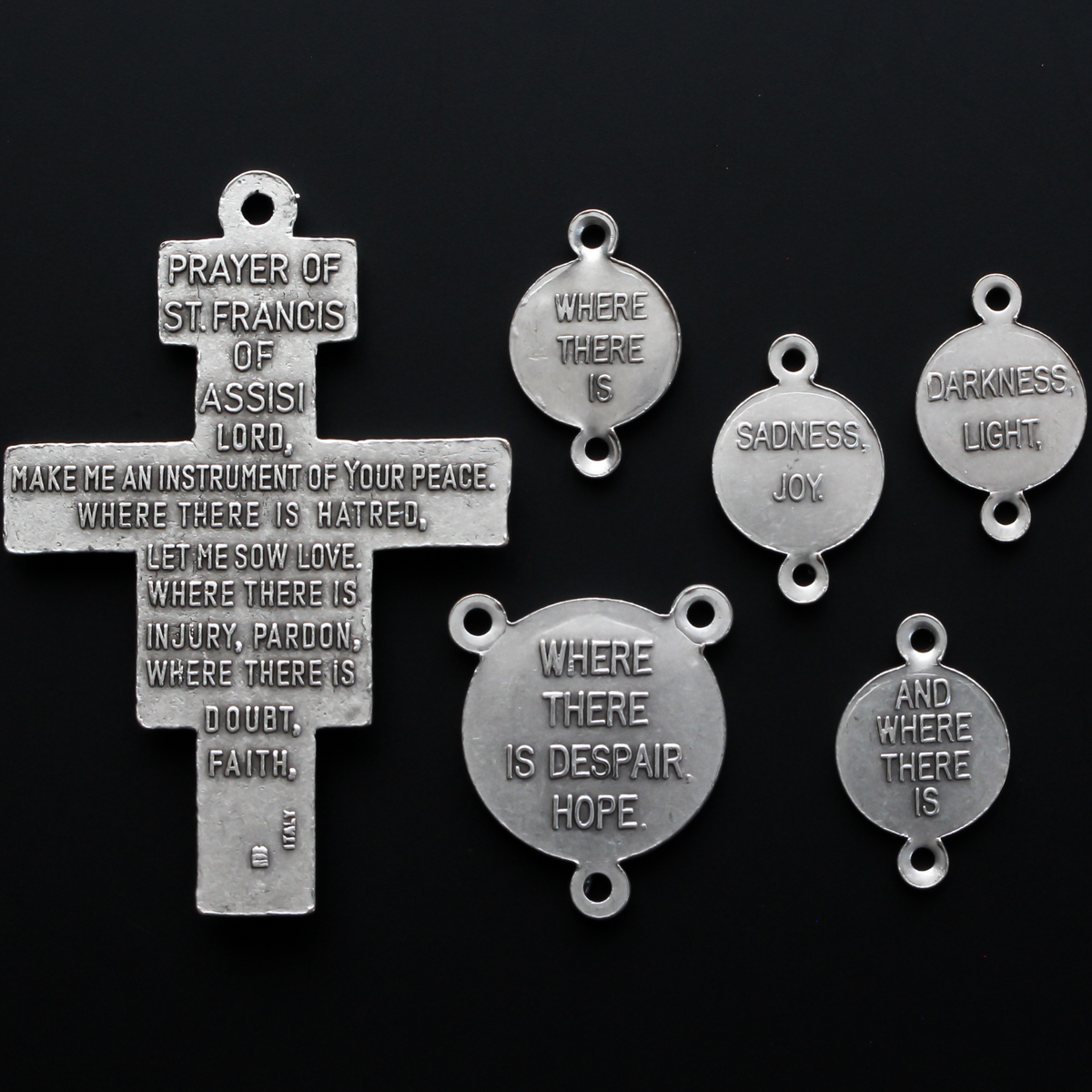Devotional Medal set of the Prayer of St. Francis of Assisi. The set consists of six pieces: The San Damiano Crucifix, four small connector medals, and one centerpiece to make one chaplet