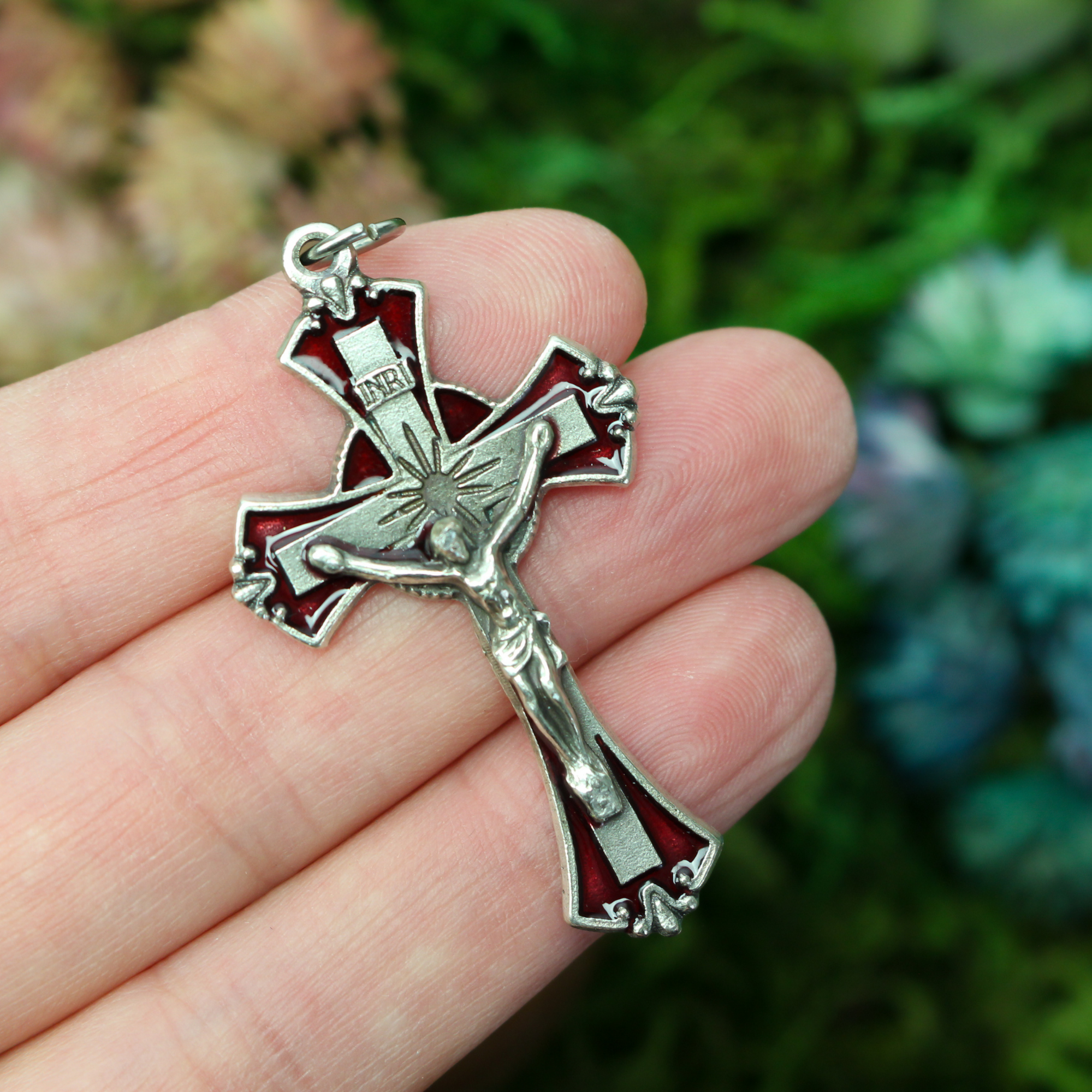 Red Enamel Crucifix Cross with Flared Edges 1-7/8" Long
