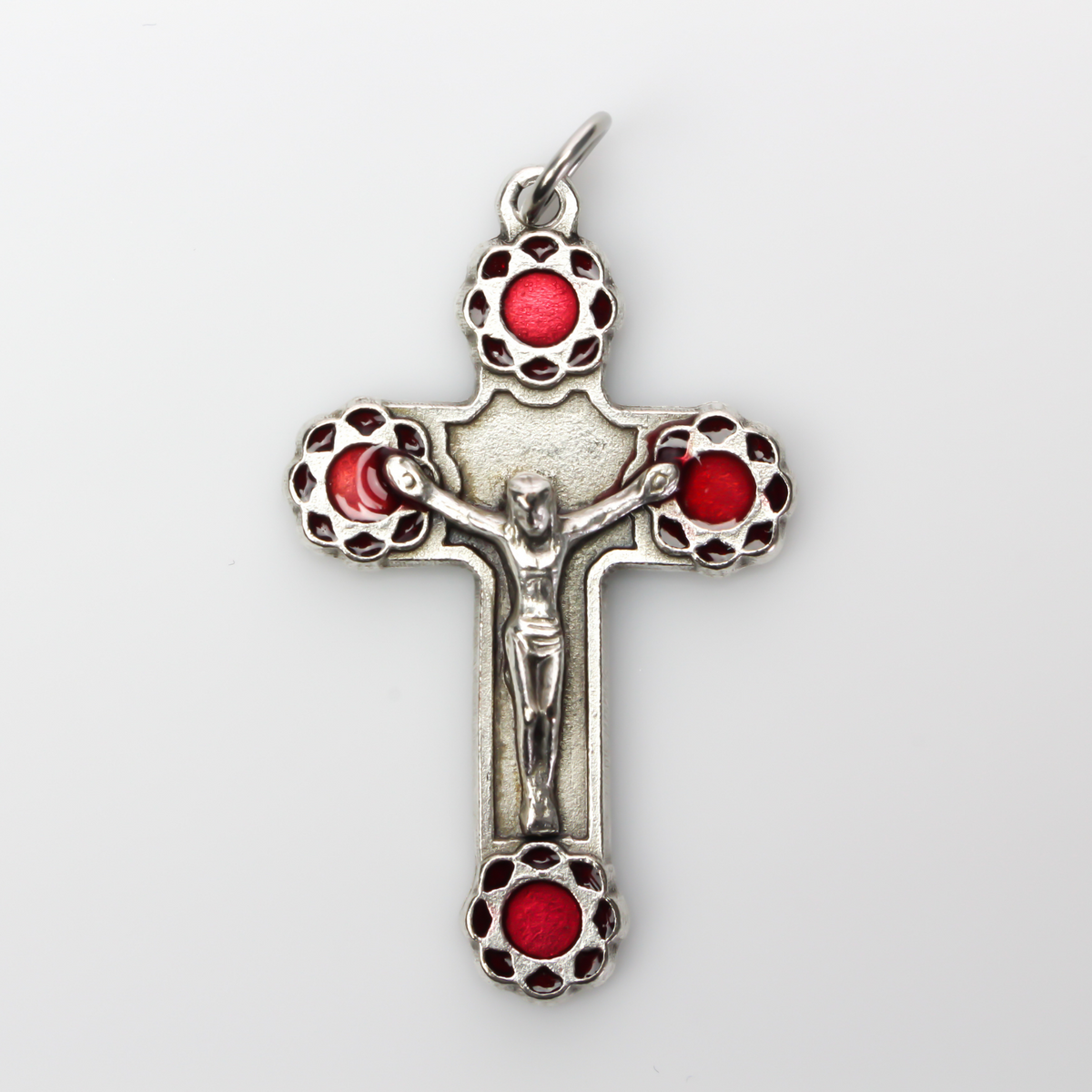 Crucifix cross with red enamel flowers at the ends