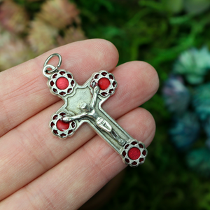 Crucifix cross with red enamel flowers at the ends