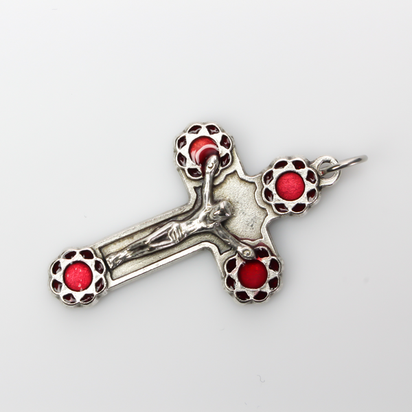 Crucifix cross with red enamel flowers at the ends