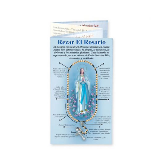 A beautifully illustrated eight-page pamphlet that includes Joyful, Sorrowful, Luminous, and Glorious Mysteries in Spanish.