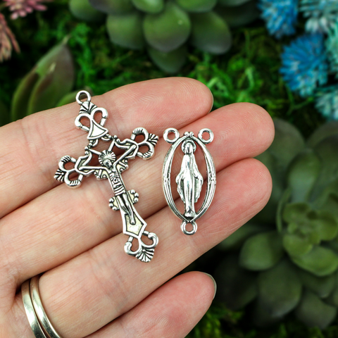 silver tone rosary center crucifix set