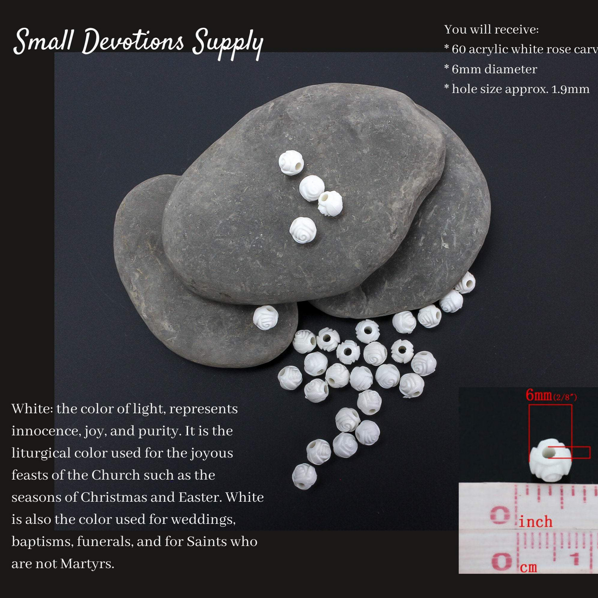 White Rose Carved Acrylic Beads - 6mm Bubblegum Beads for Five Decade Rosary - 60pcs