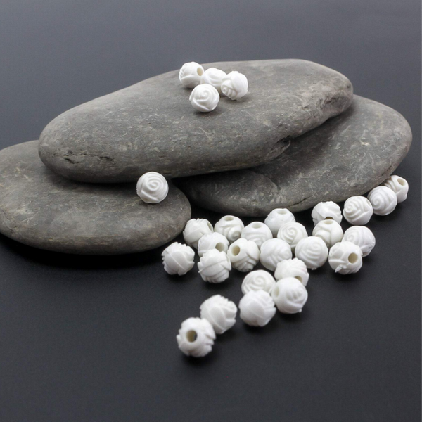 White Rose Carved Acrylic Beads - 6mm Bubblegum Beads for Five Decade Rosary - 60pcs