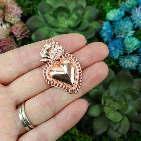 Sacred Heart Mexican Milagro Flaming Holy Heart Pendant - Shiny Rose Gold Color