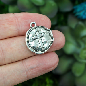 round rustic hammered cross charm